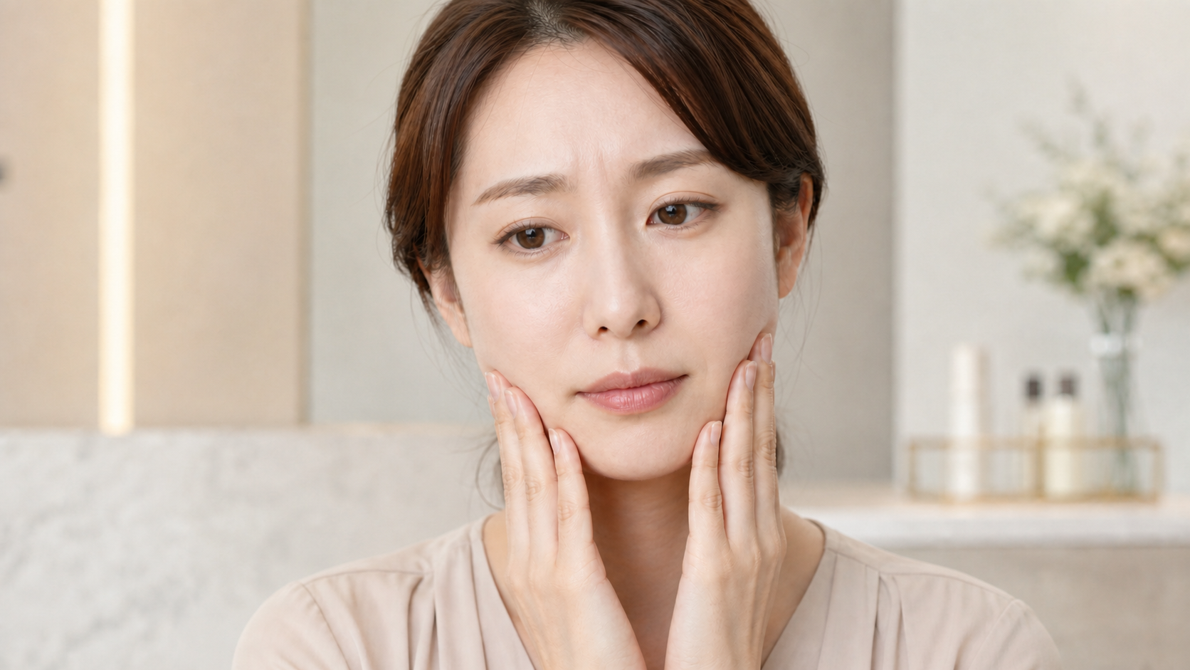 両手を頬に添えて顔の大きさとフェイスラインを確認する女性