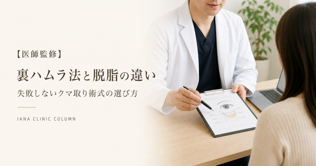 裏ハムラ法と経結膜脱脂の違いについて医師から説明を受ける患者