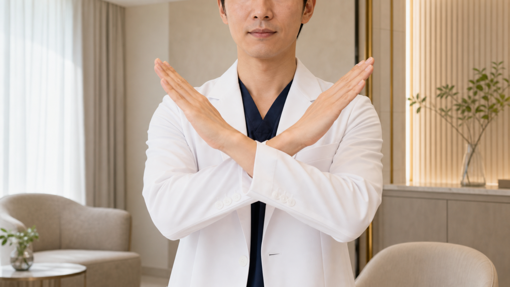 顔の脂肪吸引後にやってはいけないことをバツ印で示す男性医師