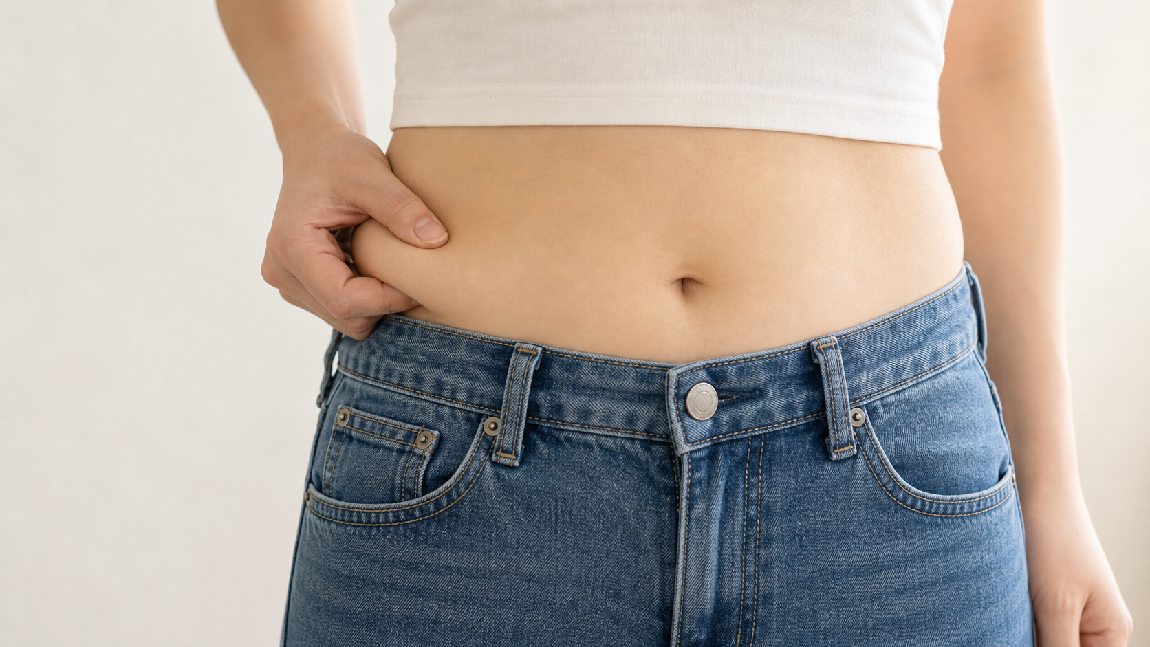 鏡を見ながら痩せにくい下腹部の皮下脂肪をつまんで確認する女性