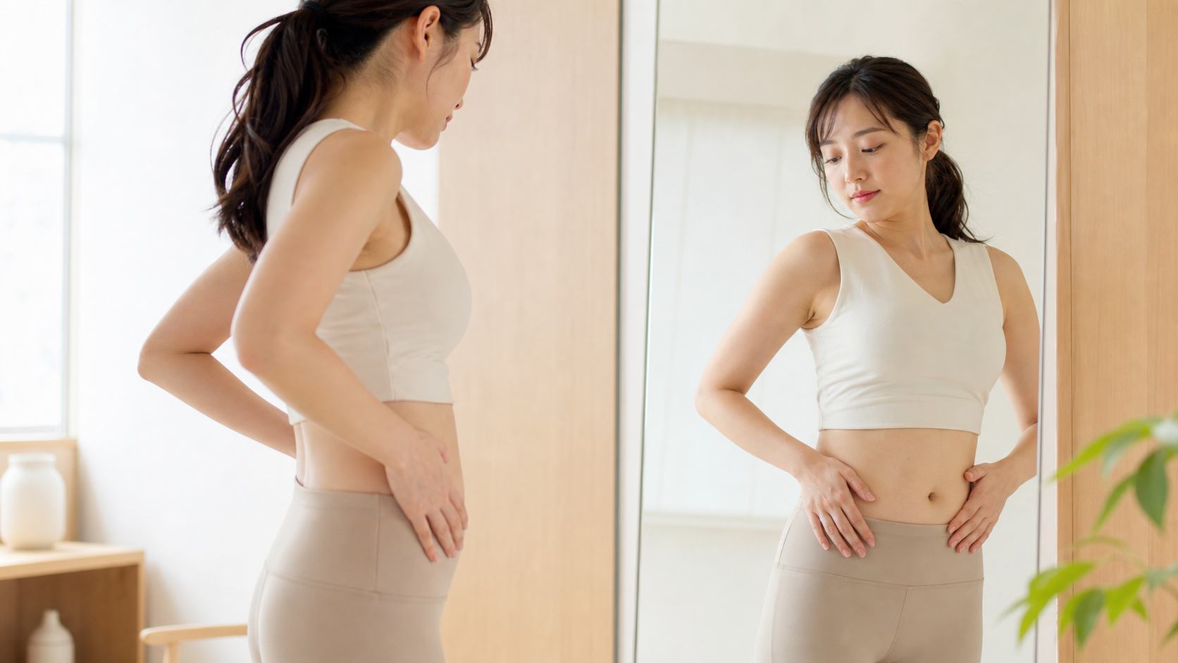 鏡を見ながら腹部脂肪吸引を検討する下腹部とウエストを確認する女性