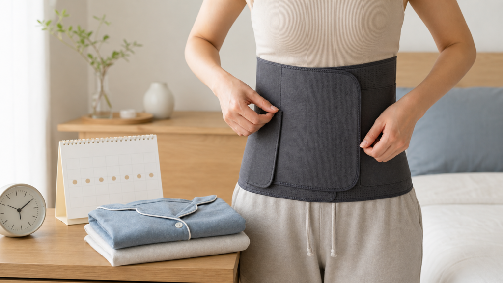 腹部脂肪吸引後に腹部用圧迫着を着用し、位置を整えている女性