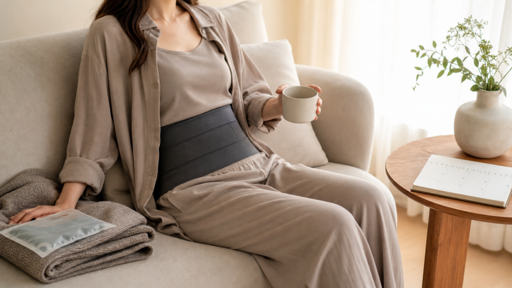 腹部用の圧迫着を着用し、自宅で脂肪吸引後のダウンタイムを過ごす女性