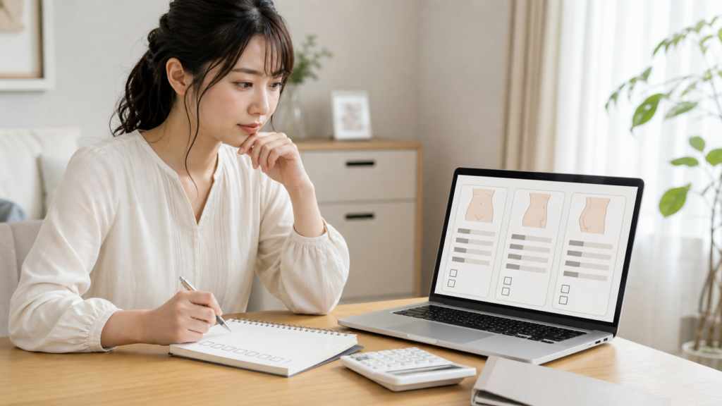 腹部脂肪吸引で後悔しないために施術内容や費用を比較して調べる女性