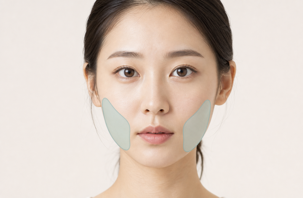 女性の両頬にあるバッカルファットの位置を示したイラスト