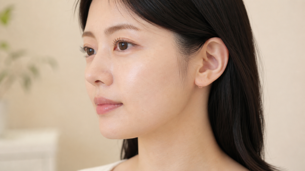 顔の脂肪吸引の傷口ができる耳の下とフェイスラインを見せる女性