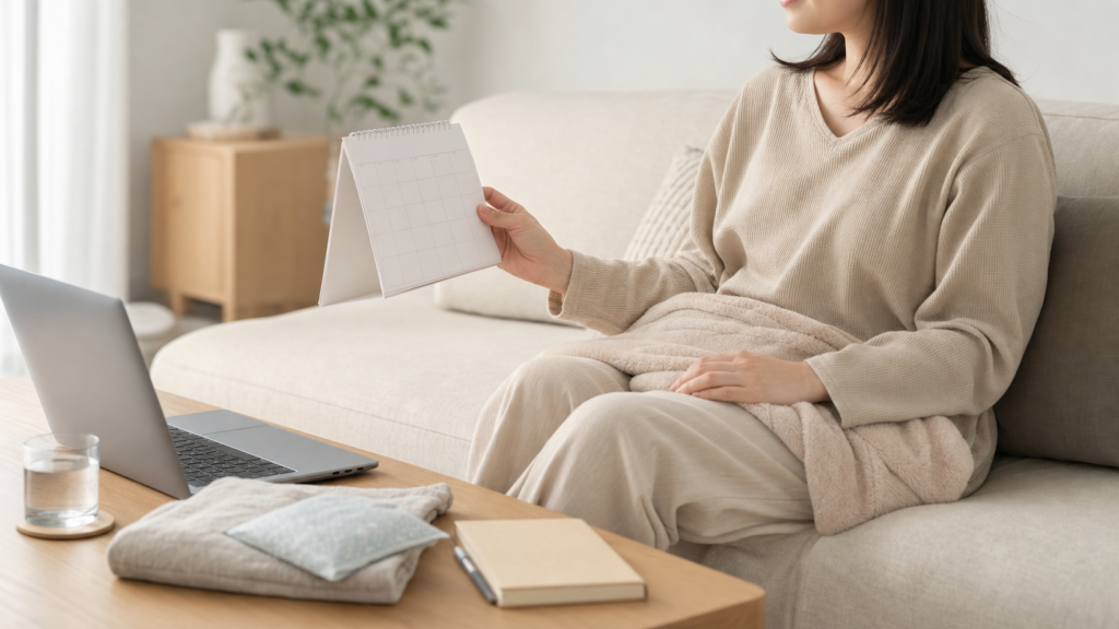 脂肪吸引後に自宅で休みながらカレンダーで仕事復帰の予定を確認する女性