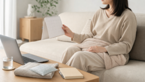 脂肪吸引後に自宅で休みながらカレンダーで仕事復帰の予定を確認する女性