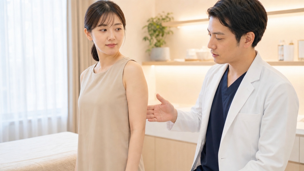 二の腕脂肪吸引の施術部位について男性医師から説明を受ける女性