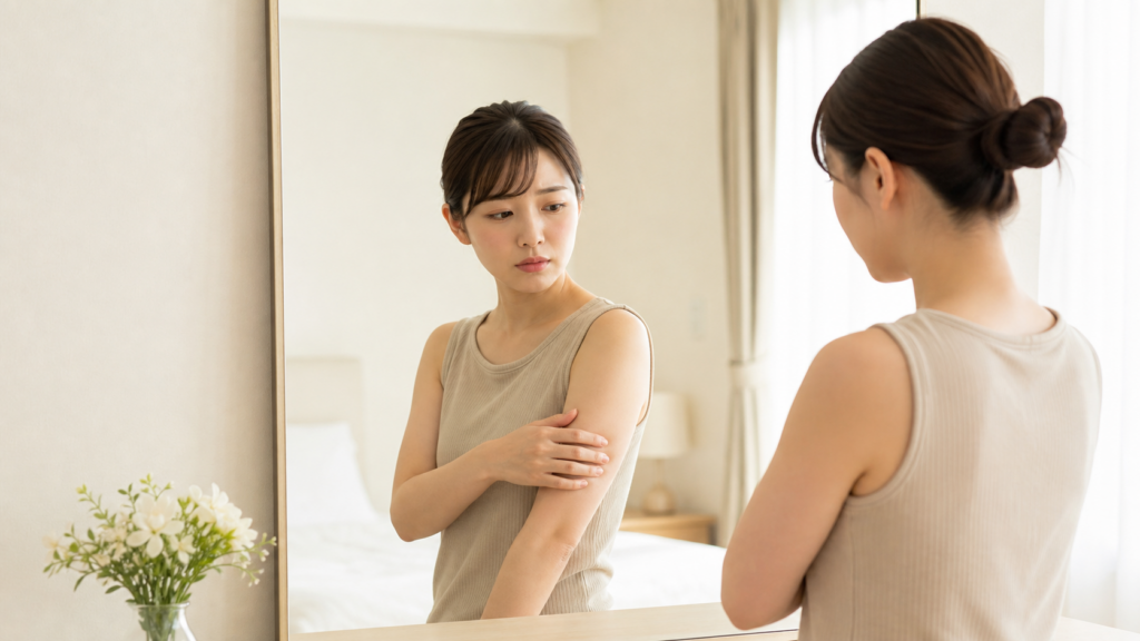鏡を見ながら脂肪吸引後の二の腕の状態を心配そうに確認する女性