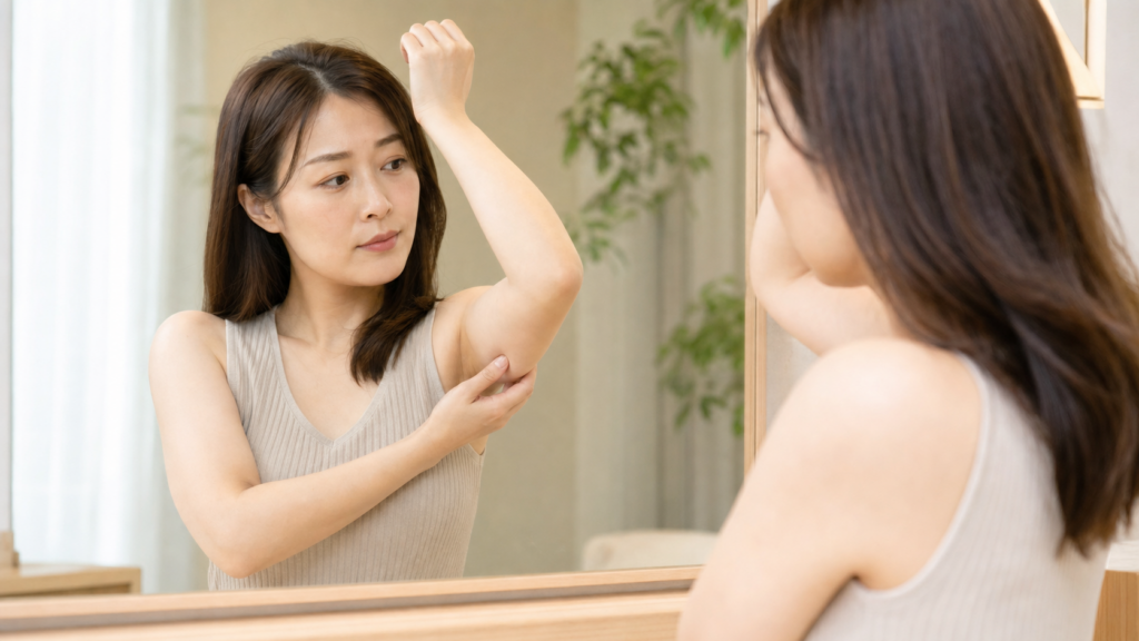 鏡を見ながら二の腕の皮膚のたるみや余りを確認する女性