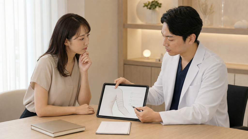 二の腕脂肪吸引で後悔しないために男性医師から仕上がりや注意点の説明を受ける女性