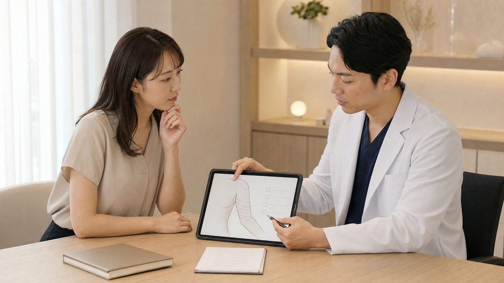 二の腕脂肪吸引で後悔しないために男性医師から仕上がりや注意点の説明を受ける女性