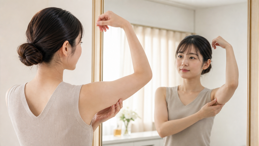鏡の前で二の腕を上げ、脂肪吸引による変化の目安を確認する女性