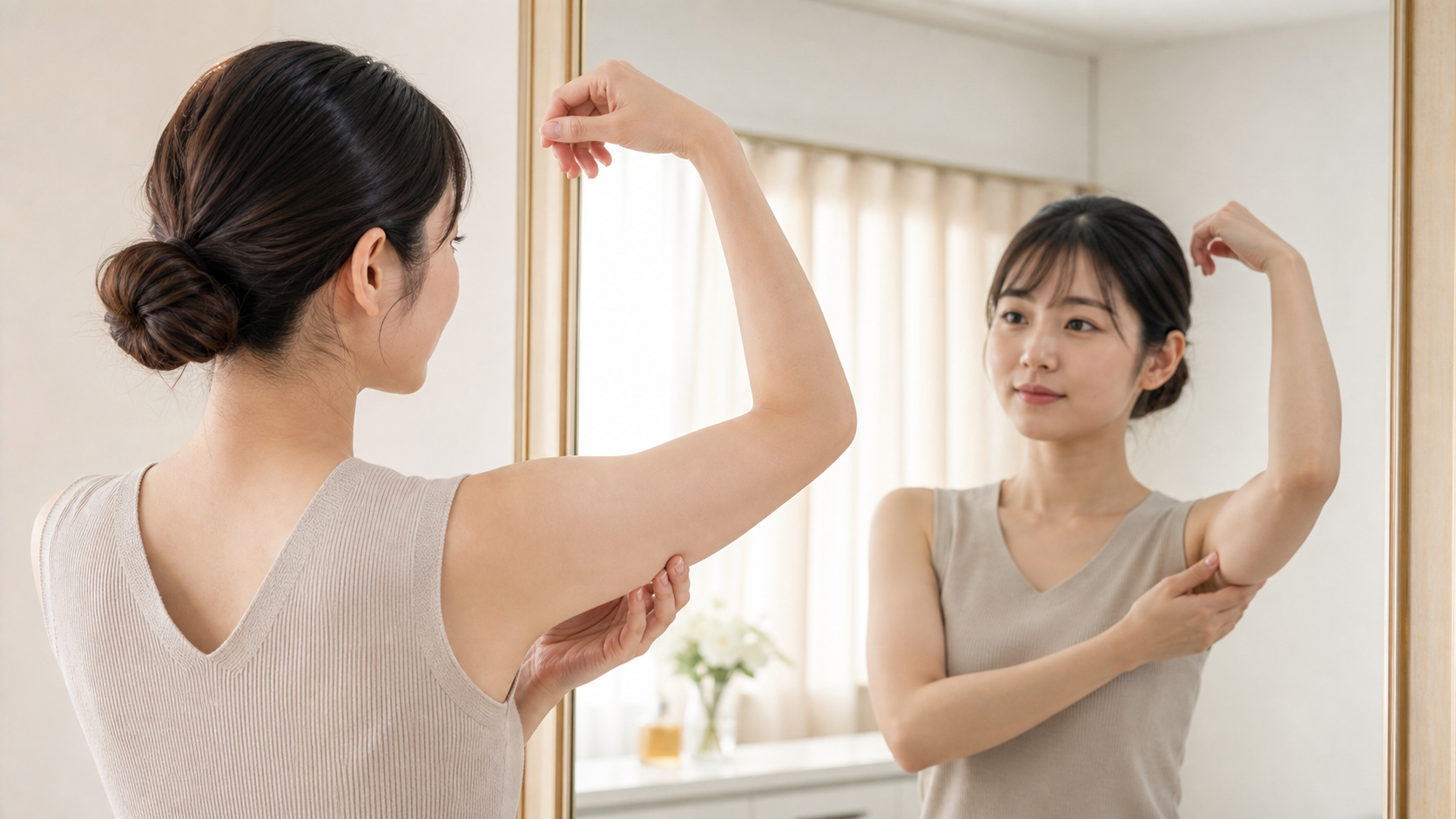 鏡の前で二の腕を上げ、脂肪吸引による変化の目安を確認する女性