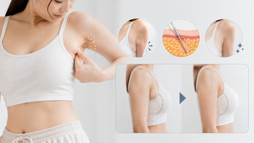 脇の前側にある副乳のふくらみを確認する女性