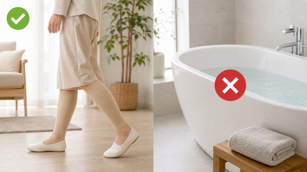 ふくらはぎ脂肪吸引後の軽い歩行と、湯船への入浴を控える注意を示した画像