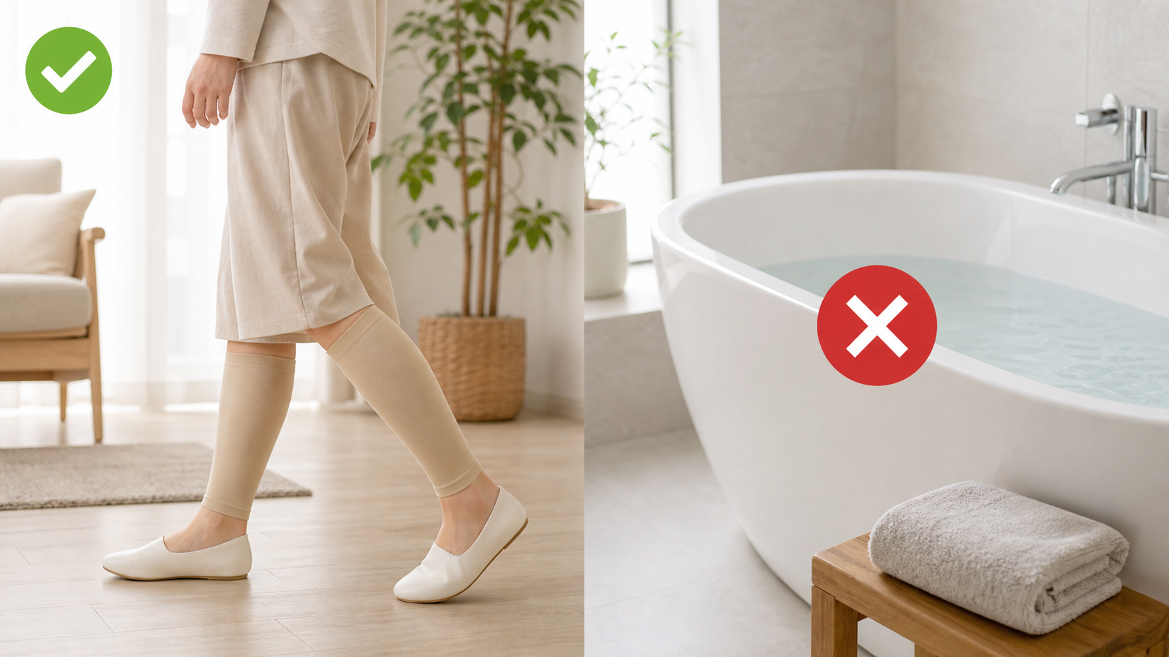 ふくらはぎ脂肪吸引後の軽い歩行と、湯船への入浴を控える注意を示した画像