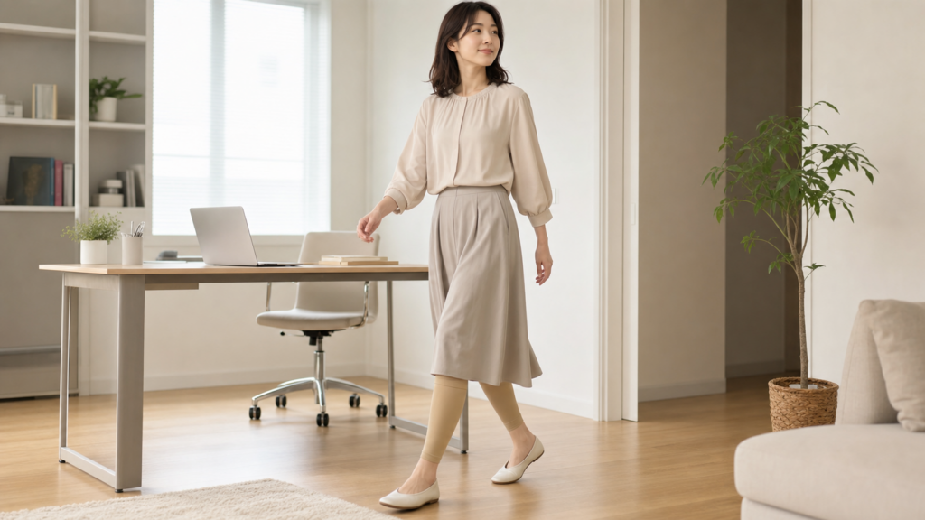 ふくらはぎの圧迫着を着用し、自宅の仕事スペースを歩く女性
