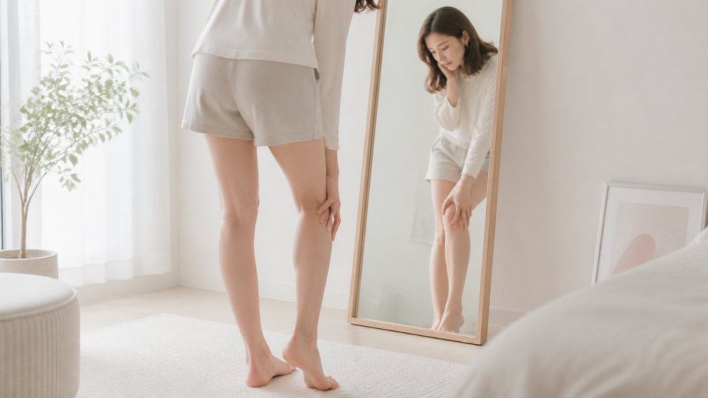 鏡に映るふくらはぎを確認しながら脂肪吸引について悩む女性