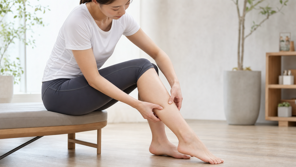 ふくらはぎを指でつまみ、筋肉と脂肪の状態を確認する女性