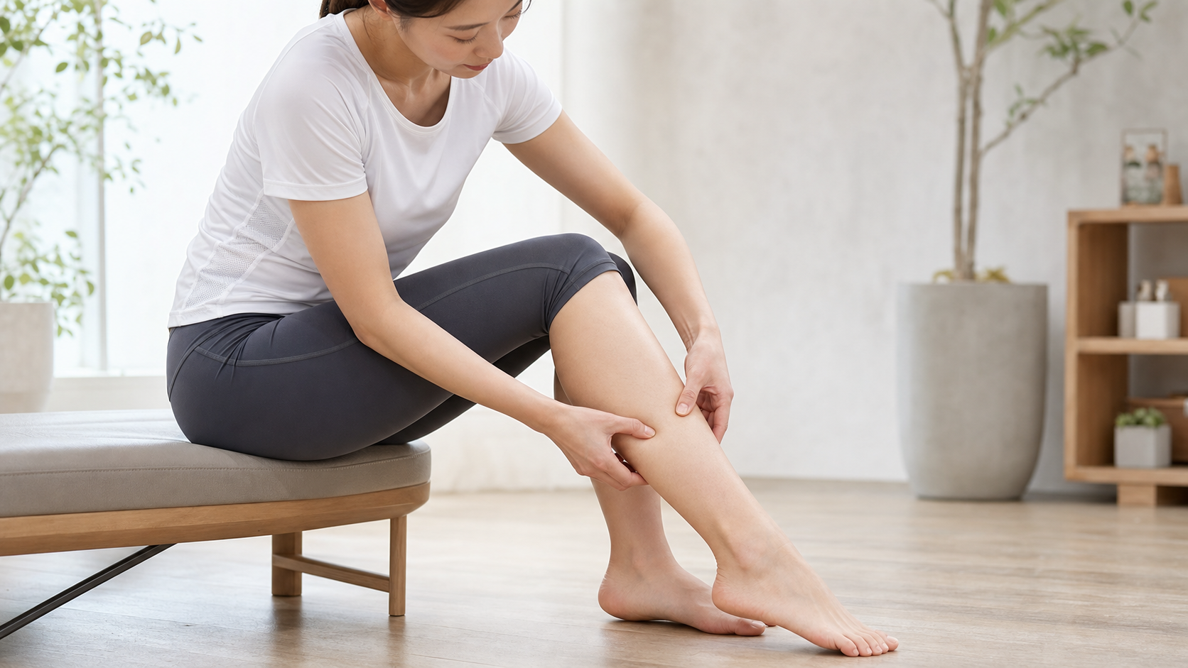 ふくらはぎを指でつまみ、筋肉と脂肪の状態を確認する女性