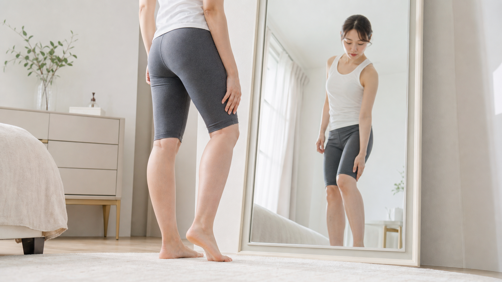 鏡の前で左右のふくらはぎの太さやラインを確認する女性