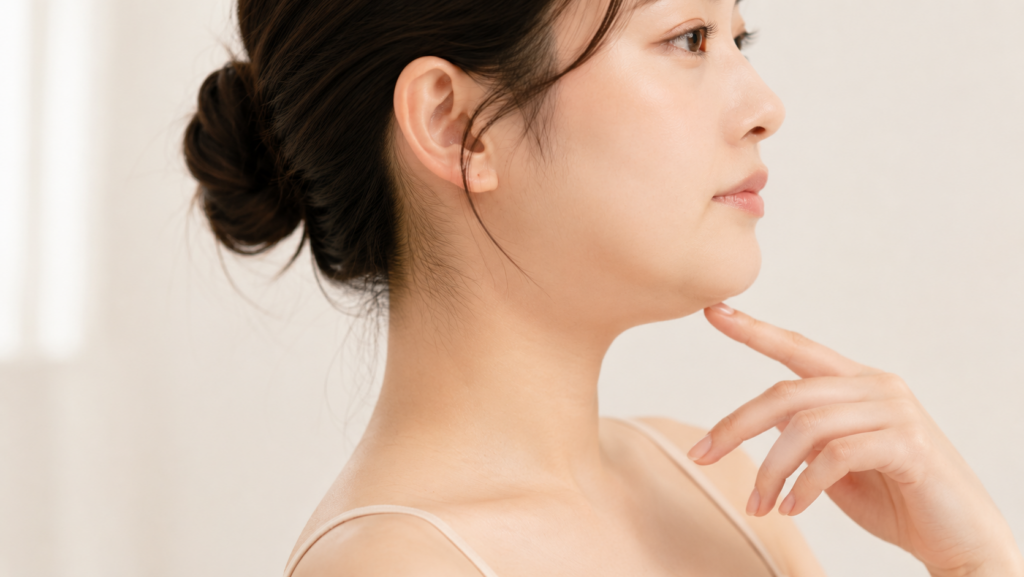 頬からフェイスラインのもたつきが気になる女性の横顔