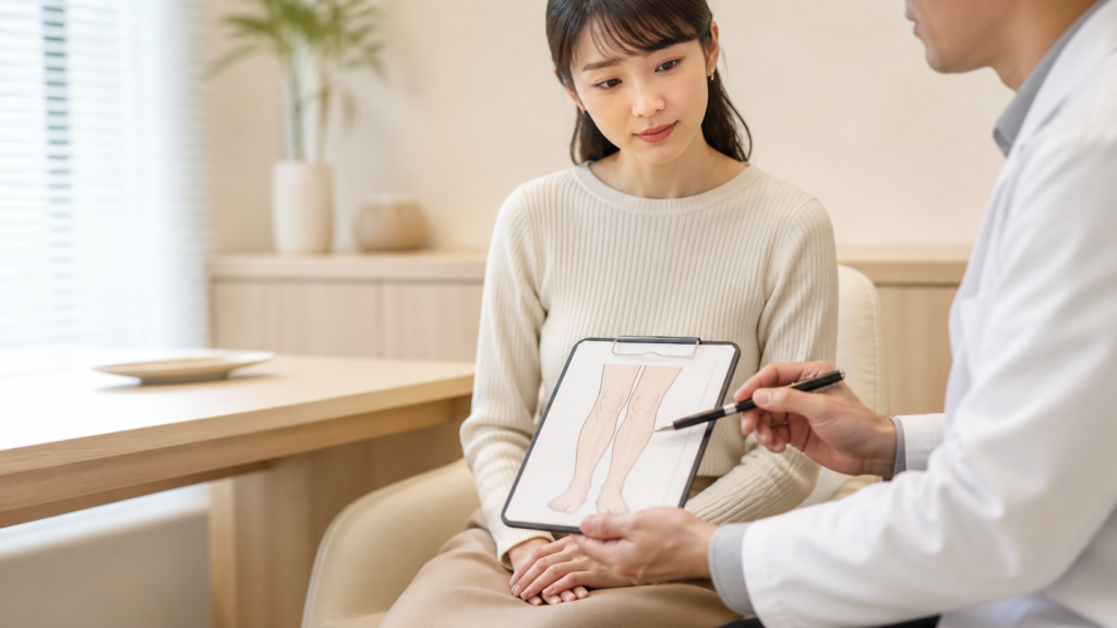 鏡の前に座り膝上のもたつきと膝まわりのラインを確認する女性