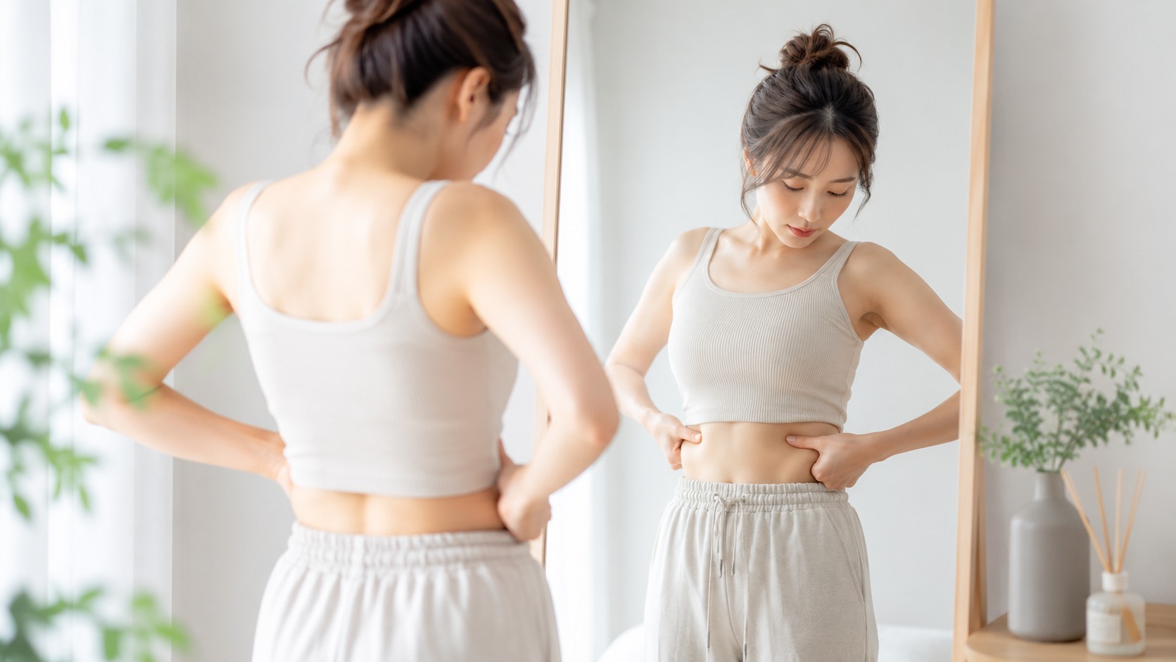 鏡を見ながら腰回りの脂肪を確認する女性