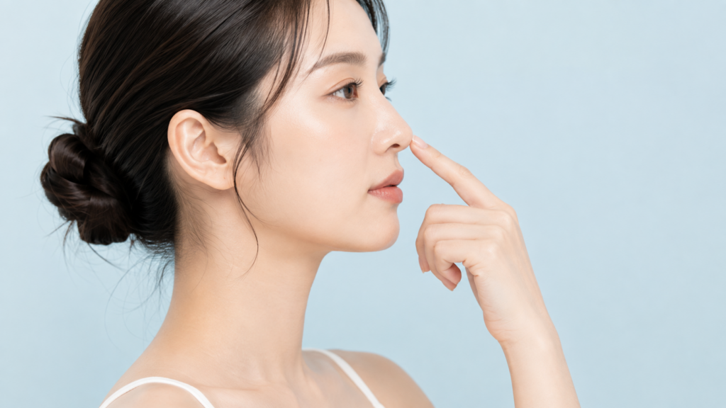 ほうれい線の上のふくらみが気になり鼻横を確認する女性