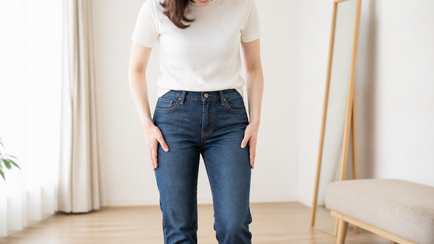 デニムを着用して太もも周りのフィット感を確認する女性