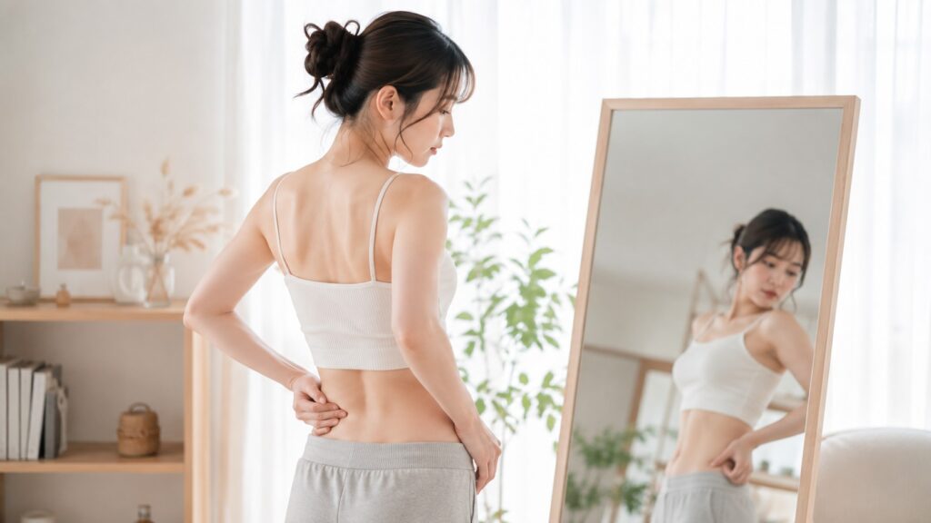 腰の脂肪吸引後の段差や施術範囲について医師が確認するイメージ