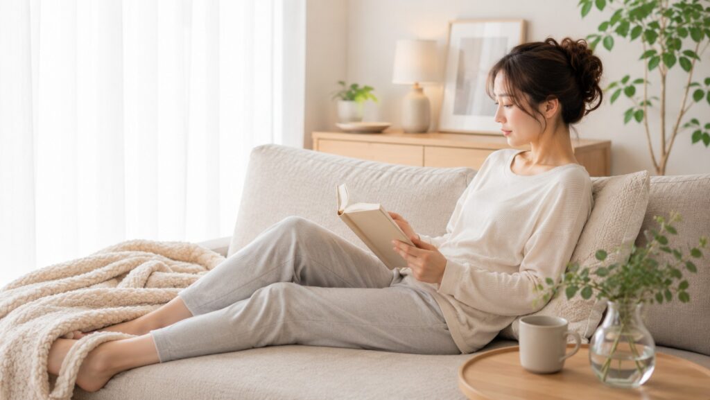 腰の脂肪吸引後のダウンタイムを自宅でゆっくり過ごす女性