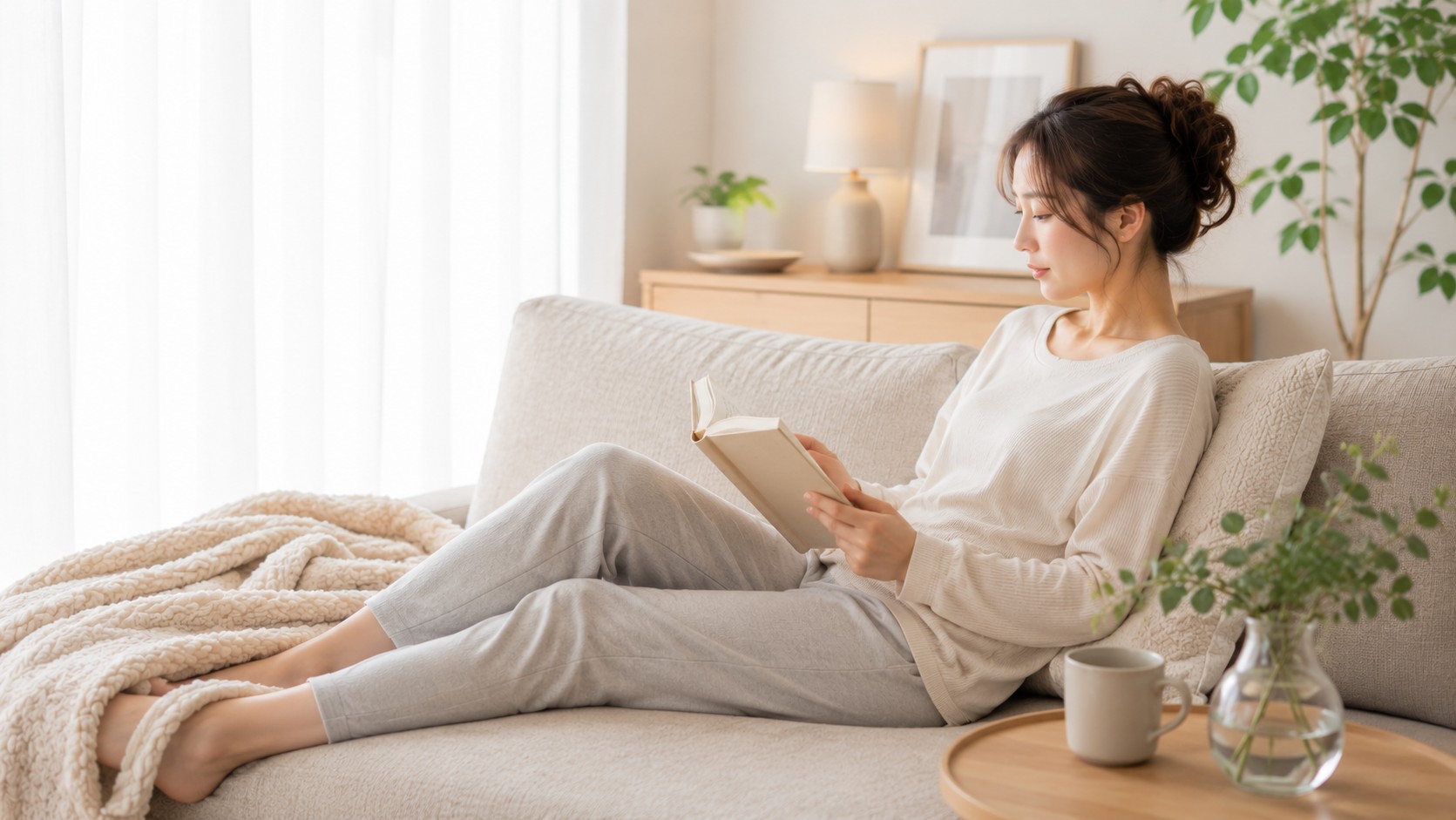 腰の脂肪吸引後のダウンタイムを自宅でゆっくり過ごす女性