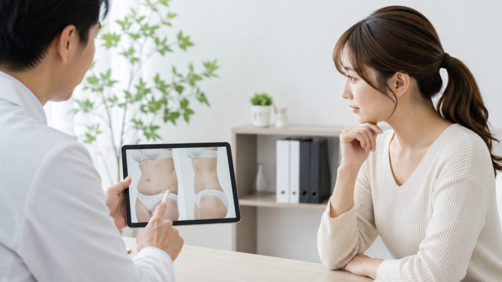 腰の脂肪吸引によるウエストラインの変化について医師から説明を受ける女性