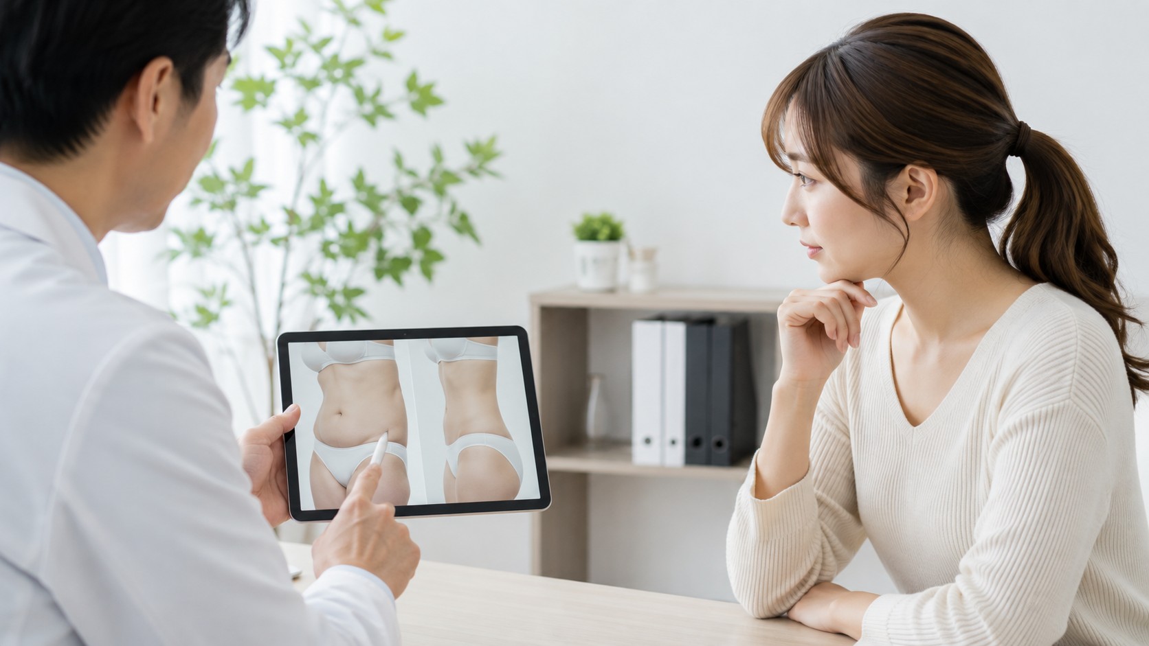 腰の脂肪吸引によるウエストラインの変化について医師から説明を受ける女性
