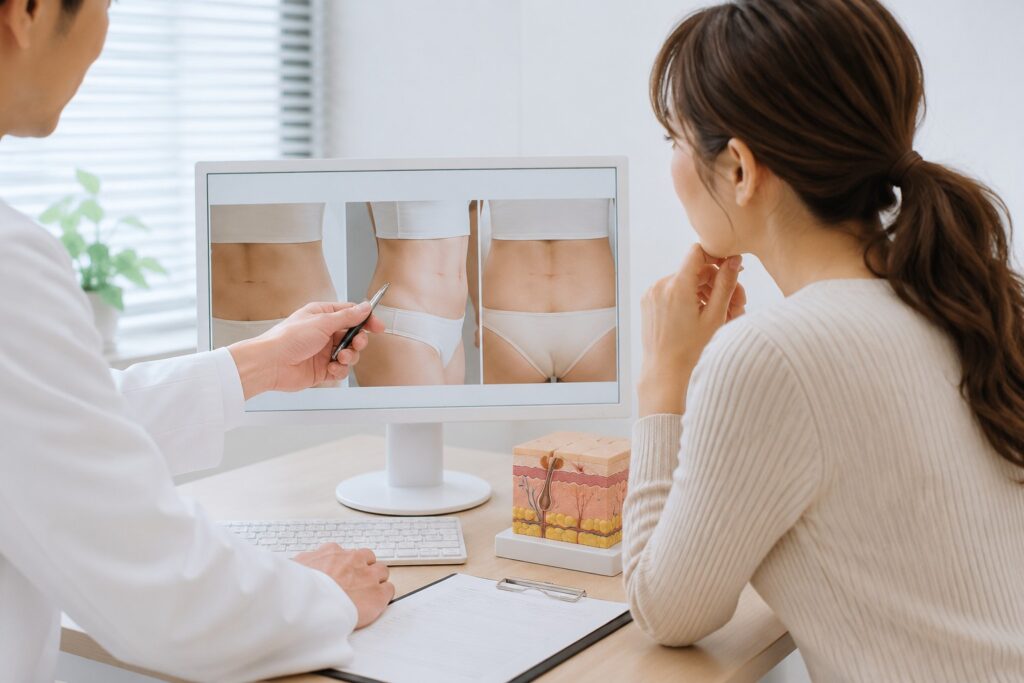 腰の脂肪吸引後の傷跡について医師から説明を受ける女性