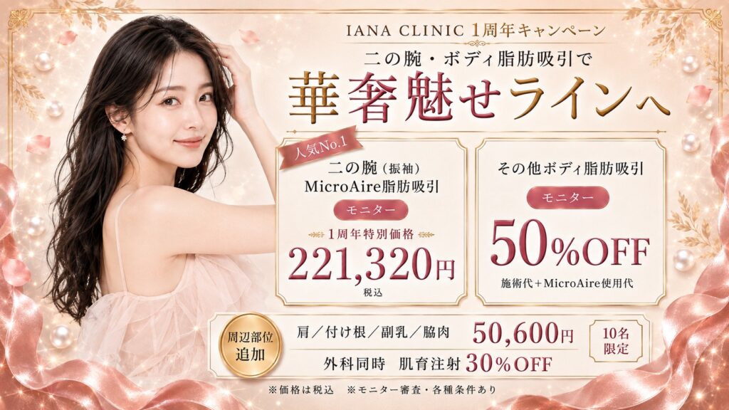 IANA CLINIC 二の腕・ボディ脂肪吸引1周年キャンペーン｜二の腕221,320円、その他ボディ50％OFF