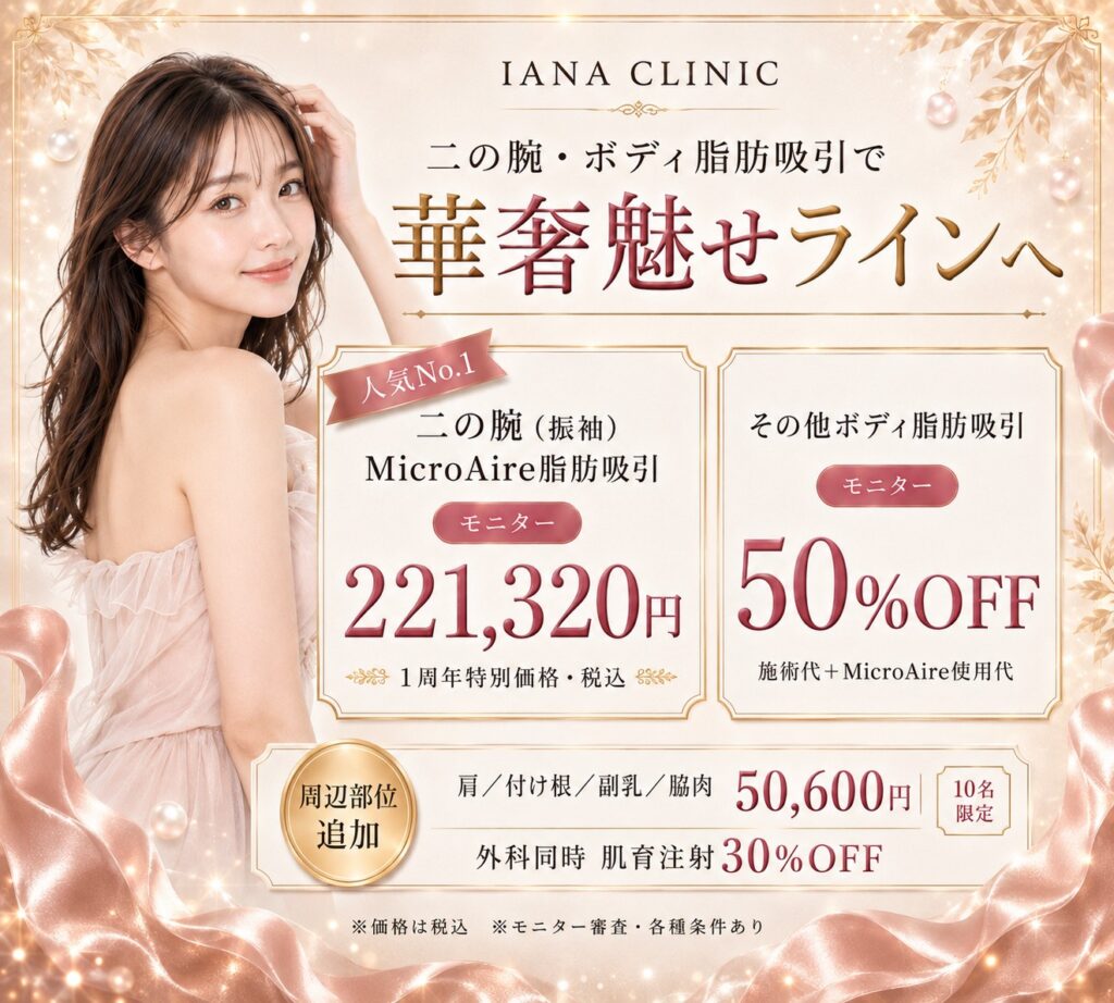 IANA CLINIC 二の腕・ボディ脂肪吸引1周年キャンペーン|二の腕221,320円、その他ボディ50%OFF