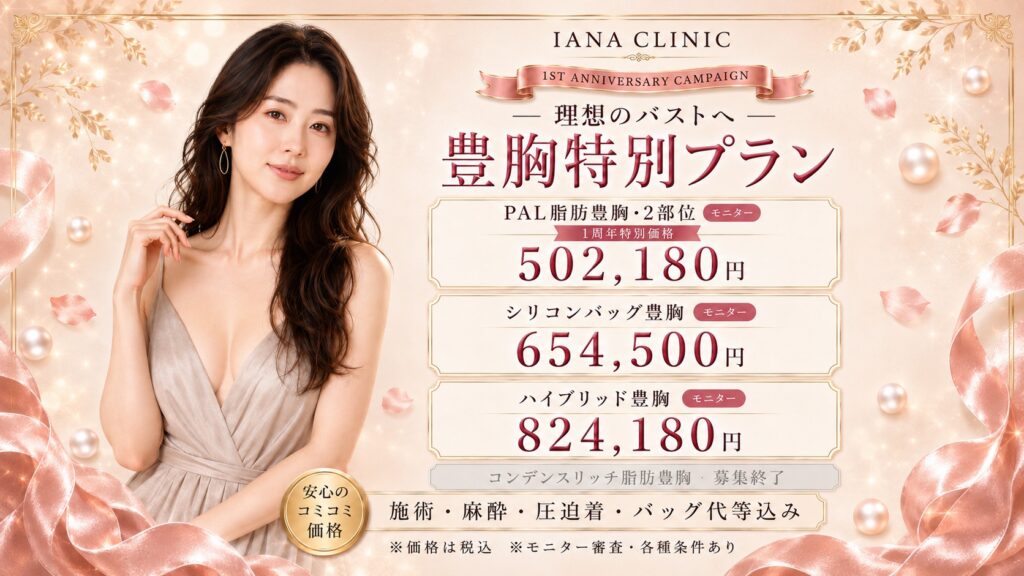 IANA CLINIC 豊胸1周年特別プラン｜PAL脂肪豊胸502,180円、シリコンバッグ654,500円、ハイブリッド824,180円