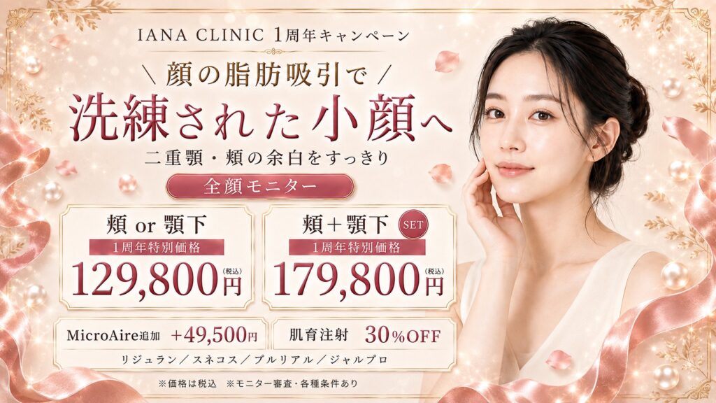 IANA CLINIC 顔脂肪吸引1周年特別価格｜頬または顎下129,800円、頬＋顎下179,800円