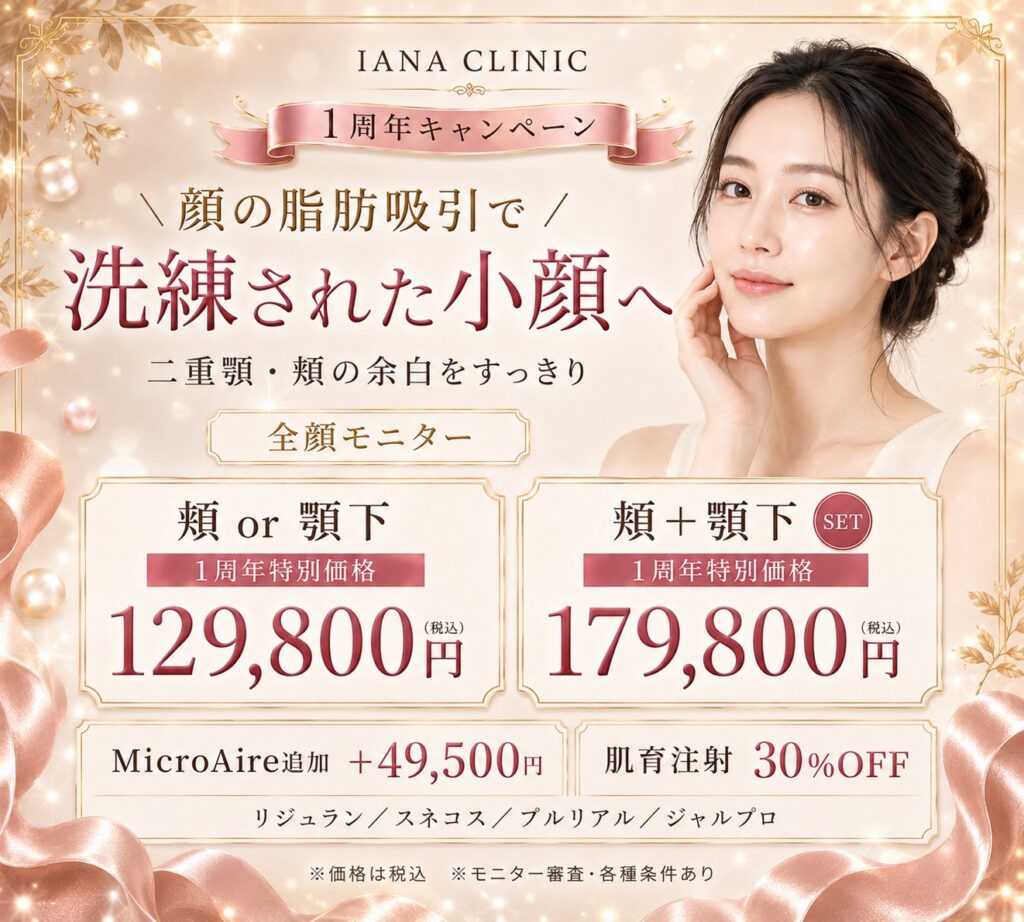 IANA CLINIC 顔脂肪吸引1周年特別価格|頬または顎下129,800円、頬+顎下179,800円