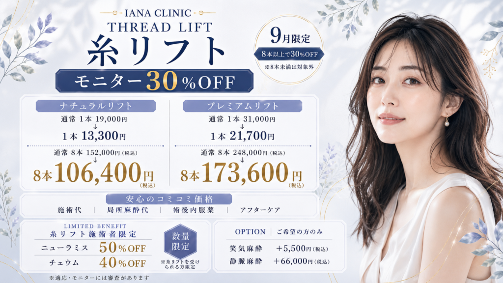 IANA CLINIC 糸リフト9月限定キャンペーン。8本以上でモニター30％OFF。ナチュラルリフト8本106,400円、プレミアムリフト8本173,600円。